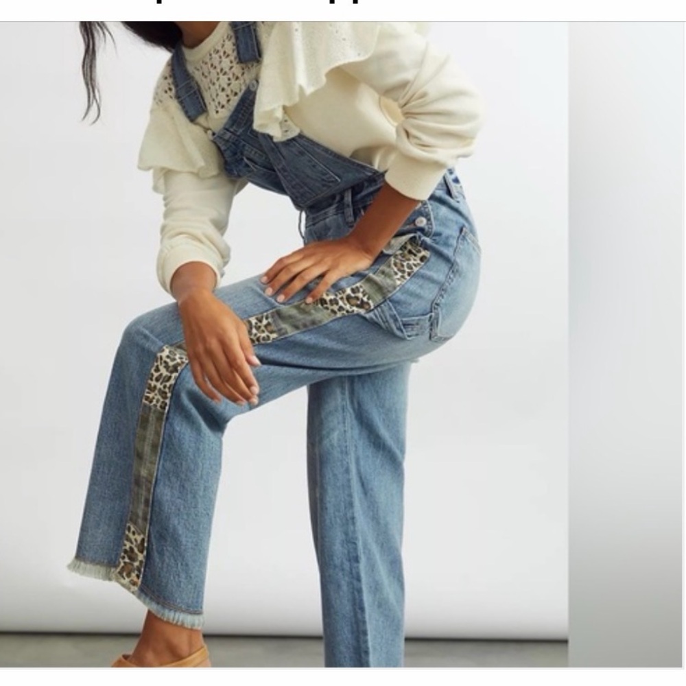 Blue Denim Overalls with Leopard Print Accents